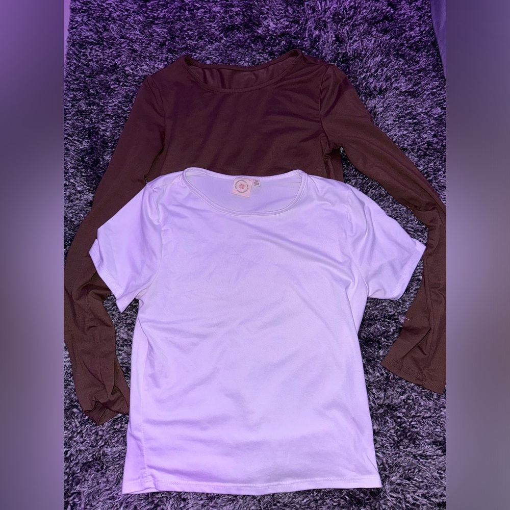 brown long sleeve and white short sleeve